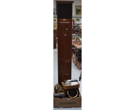 A 19th century mahogany longcase clock body, lacking movement and dial and a quantity of clock parts to include two clock mov