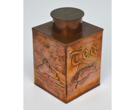 Herbert Dyer (1898-1974); a Newlyn-inspired copper tea caddy, square sectioned, hammered in relief with images of St Michael'