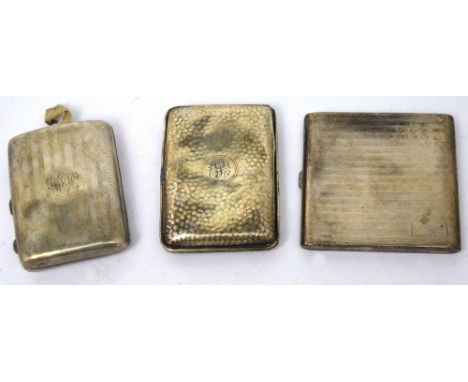 Three hallmarked silver cigarette cases; a square engine-turned decorated example with engraved cartouche 'From X 1929', Adie