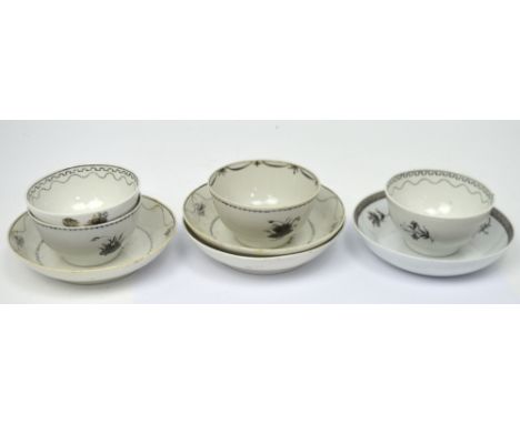 An early 19th century Newhall tea bowl saucer bat-printed in black, three other tea bowl saucers attributed to Newhall, two m