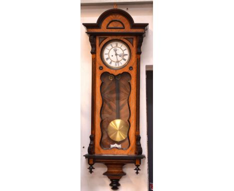 A 19th century walnut and ebonised eight-day twin-weight Vienna wall clock with glazed door, height approx 125cm.   CONDITION