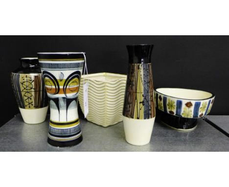 A collection of modern ceramics to include two Japanese vases, another of waisted form, a modern ribbed planter and another, 