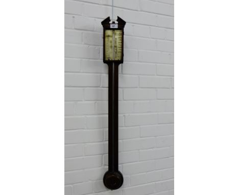 An oak cased stick barometer with an architectural pediment top over silvered square dial, inscribed 'Charles Barnaschina', i
