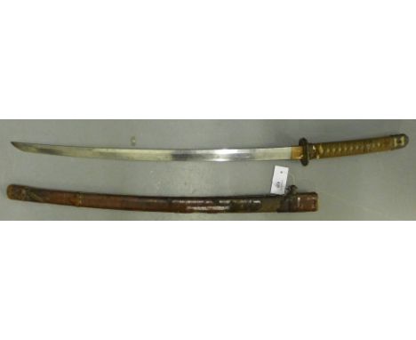 A Japanese Samurai sword with bronzed floral tsuba, with shagreen and bound grip and leather scabbard, blade length is 73cm 