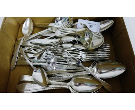 A part suite of Danish silver and silver plated flatwares with bright cut foliate pattern comprising nine table spoons, ten f