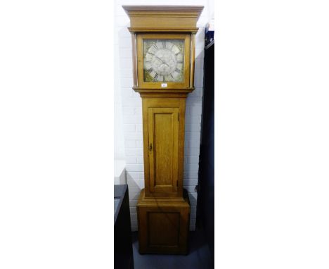 An English oak longcase clock, the silvered dial inscribed "Boyfield, Melton" with black Roman numerals and a date aperture a