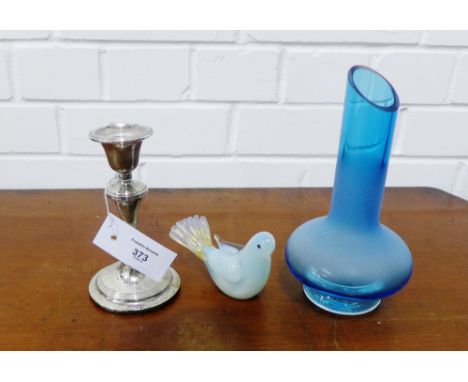 A Birmingham silver candlestick, a blue art glass vase and a Venetian pale blue glass bird figure, (3) 