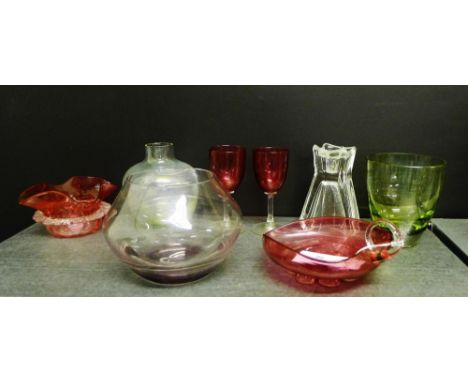 Glass wares to include two cranberry glass dishes and glasses, three coloured art glass vases and a clear glass candlestick e