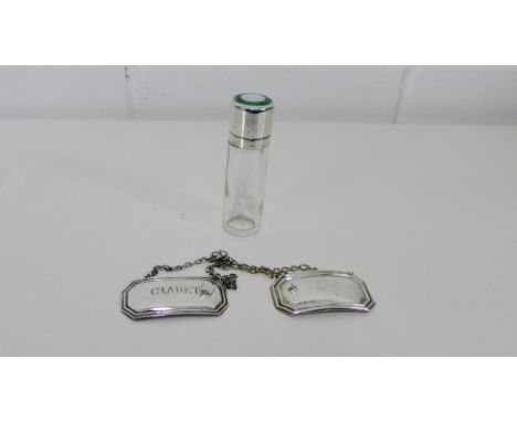 Two silver decanter labels to include 'Claret' and another unmarked together with an enamel and silver topped glass toothpick