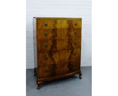 A mahogany ledgeback bow fronted chest with an arrangement of five graduating long drawers on cabriole supports, 123 x 85cm