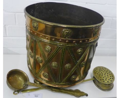 A copper and brass mounted pail together with a brass chestnut warming pan and a ladle (3) 