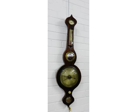 An early 19th century rosewood onion topped banjo barometer with silvered dial and thermometer, 95 x 27cm