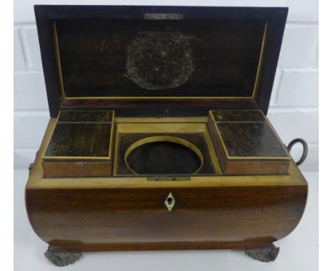 A rosewood sarcophagus shaped caddy with  handles to side and brass supports 35 x 21cm 