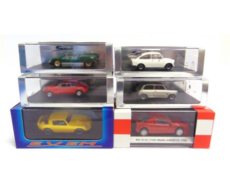 SIX ASSORTED 1/43 SCALE MODEL CARS  by Spark (4), Exem (1), and Starter (1), each mint or near mint and boxed.