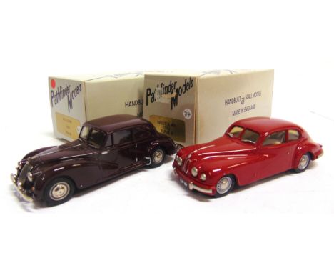 [WHITE METAL]. TWO 1/43 SCALE PATHFINDER MODEL CARS comprising a No.PFM36, 1950 AC 2 Litre, maroon, limited edition 74/500, w