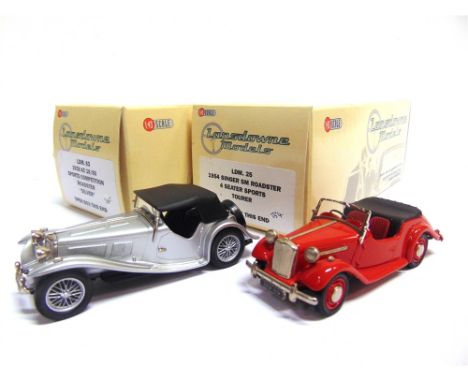 [WHITE METAL]. TWO 1/43 SCALE LANSDOWNE MODEL CARS  comprising a No.LDM63, 1938 AC 16/80 Sports Competition Roadster, silver,