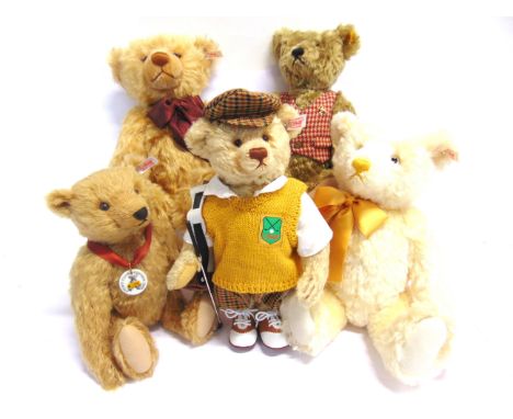 FIVE STEIFF COLLECTOR'S TEDDY BEARS  including a Golfer (EAN 670671), limited edition 2302/3000, 31cm high, all lacking certi