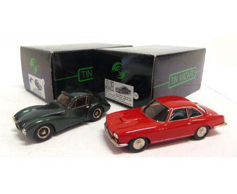 [WHITE METAL]. TWO 1/43 SCALE TIN WIZARD MODEL CARS  comprising a No.TW139-1, 1955 Aston Martin DB3/7, metallic green, mint, 