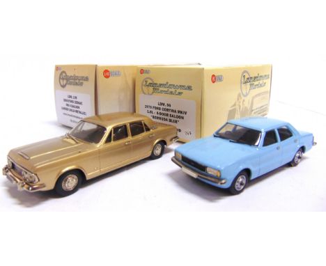 [WHITE METAL]. TWO 1/43 SCALE LANSDOWNE MODEL CARS comprising a No.LDM109, 1966 Ford Zodiac Mk IV Saloon, amber gold metallic