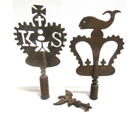 TWO WEST COUNTRY FRIENDLY SOCIETY BRASS POLE HEADS  comprising one with a dolphin atop a crown, Wick, Gloucestershire (The Cr