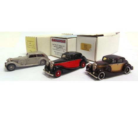 [WHITE METAL]. THREE 1/43 SCALE MODEL CARS  comprising a Mini Marque 43 1934 Jaguar SS Airline, grey, near mint, boxed; Mini 