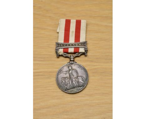 A Queen Victoria Indian Mutiny Medal with Lucknow Clasp and ribbon to CORPl.ROBt.ARMSTRONG.3rd.Bn.RIFLES.Bde, campaign Sepoy 