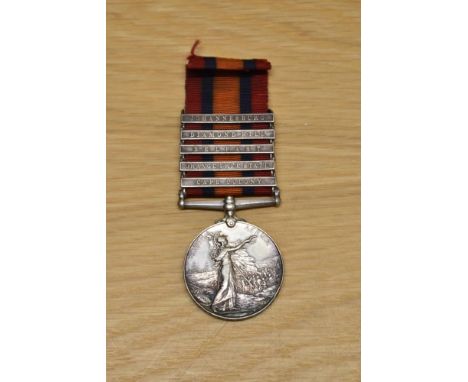 A Queen Victoria Queens South Africa Medal with five clasps, Cape Colony, Orange Free State, Belfast, Diamond Hill and Johann