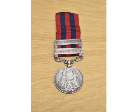 A Queen Victoria India General Service Medal with Perak and Samana Clasps and ribbon to SEPOY BULBEET THAPPA.1st GOORKHA.REG 