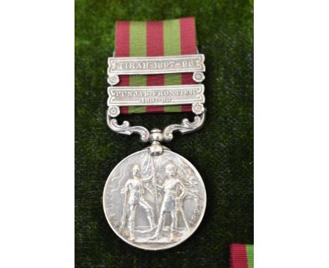 A Queen Victoria India Medal with two clasps, Punjab Frontier 1897-98 and Tirah 1897-98 to 4688 PTE.D.T.Smith.2nd.Bn.York.Reg