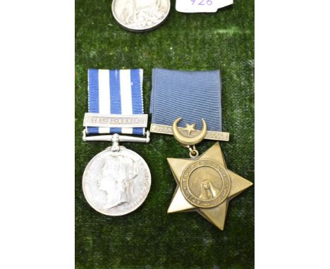 A Queen Victoria Egypt Medal 1882 with one clasp,Tel-El-kebir to 8455 GUNr.F.Thompson.H/1/Btn.R.A along with The Khedives Sta