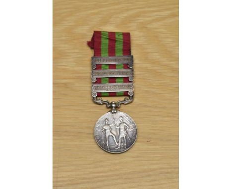 A Queen Victoria India Medal with three clasps, Punjab Frontier 1897-98, Samana 1897 &amp; Tirah 1897-98 and ribbon to PTE P?