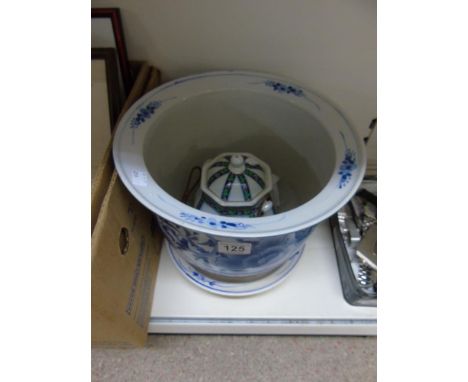 LARGE BLUE & WHITE JARDINIERE & CERAMIC LIDDED CONTAINER WITH HANDLE