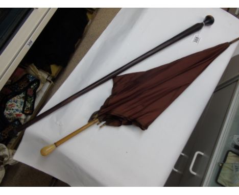 PARASOL WITH HARD STONE HANDLE & AFRICAN WALKING STICK