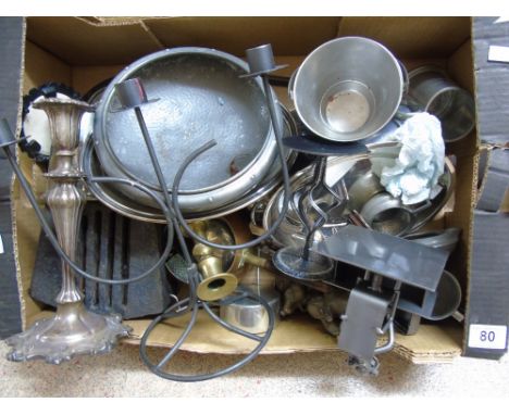 BOX OF PLATED WARE INCLUDING CANDLESTICKS & SCULPTURE