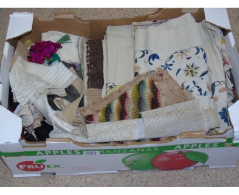 BOX CONTAINING VINTAGE TAPESTRIES, TAPESTRY WOOL & ANTIQUE COUNTERPANE