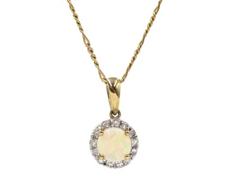 9ct gold opal and diamond circular pendant necklace, hallmkarked