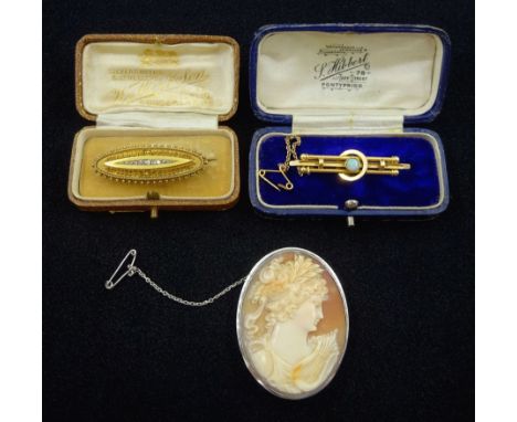 Victorian 15ct gold diamond set brooch Birmingham 1896, 15ct gold opal brooch and a silver cameo brooch, two boxed