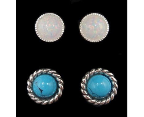 Pair of silver turquoise stud earrings and one other pair of silver opal stud earrings, stamped 925