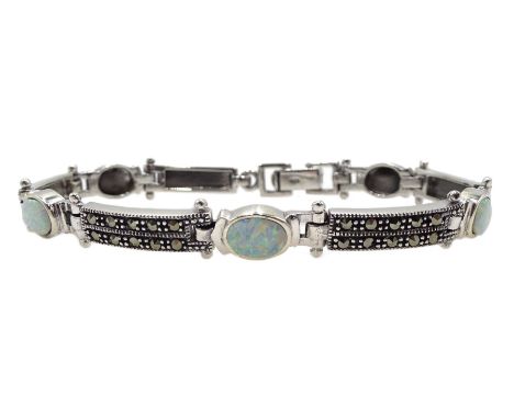 Silver opal and marcasite bracelet, stamped 925