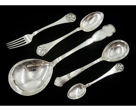 Large Danish silver spoon by Moe &amp; Son, assay master Christian F. Heise, 1921, silver tablespoon, fork and teaspoon by Ch