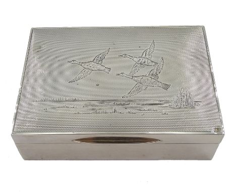 Silver table cigarette/cigar box, engine turned decoration, the lid engraved with mallards in flight by James Dixon &amp; Son