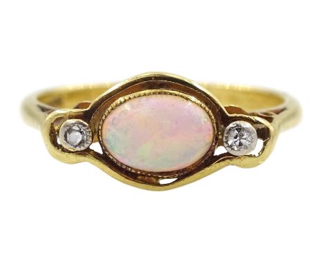 Gold opal and diamond three stone ring, stamped 18ct