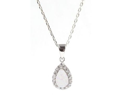 Silver opal and cubic zirconia pendant necklace, stamped 925