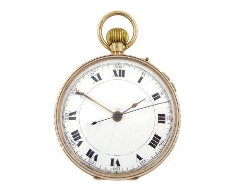 9ct gold open face keyless Swiss lever chronograph pocket watch, white enamel dial with Roman numerals, outer seconds track n