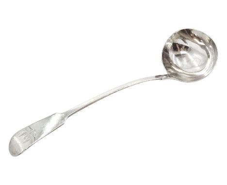 Victorian Scottish silver ladle, Fiddle pattern with crest by William Marshall, Edinburgh 1843, approx 6.5oz