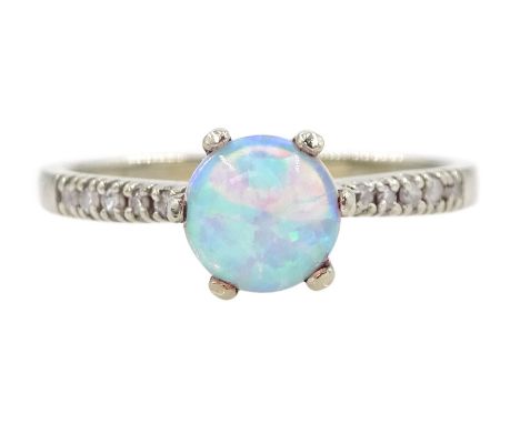 9ct white gold opal ring, with cubic zirconia shoulders, hallmarked