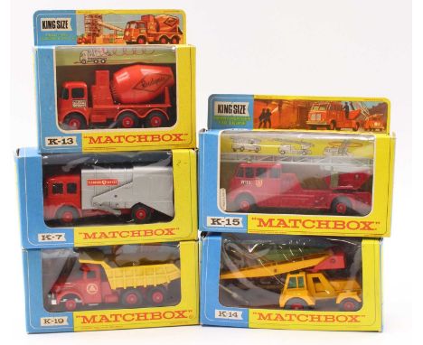 A collection of five Matchbox King Size diecast vehicles to include a K19 Scammell Tipper Truck, K13 Readymix Concrete truck,