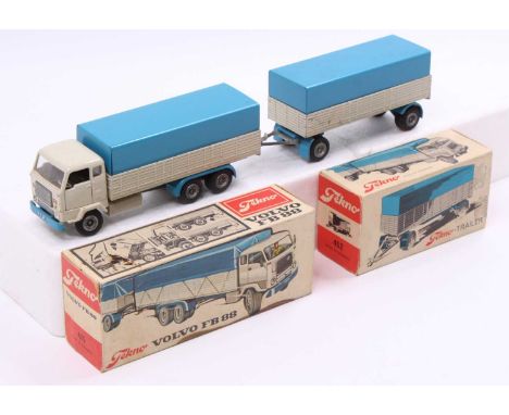 A Tekno No. 425 Volvo FB88 6-wheel truck comprising of grey and light blue body complete with matching No. 452 twin axle trai