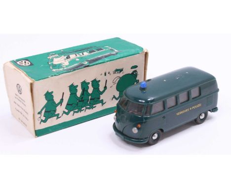 Wiking Models Germany Volkswagen Transporter, dark green plastic body, with grey base, 2 figures, and roof light, with 'Verke