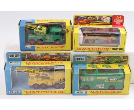 A collection of four various boxed Matchbox King Size diecast vehicles to include a K12 BP breakdown truck, a K5 racing car t